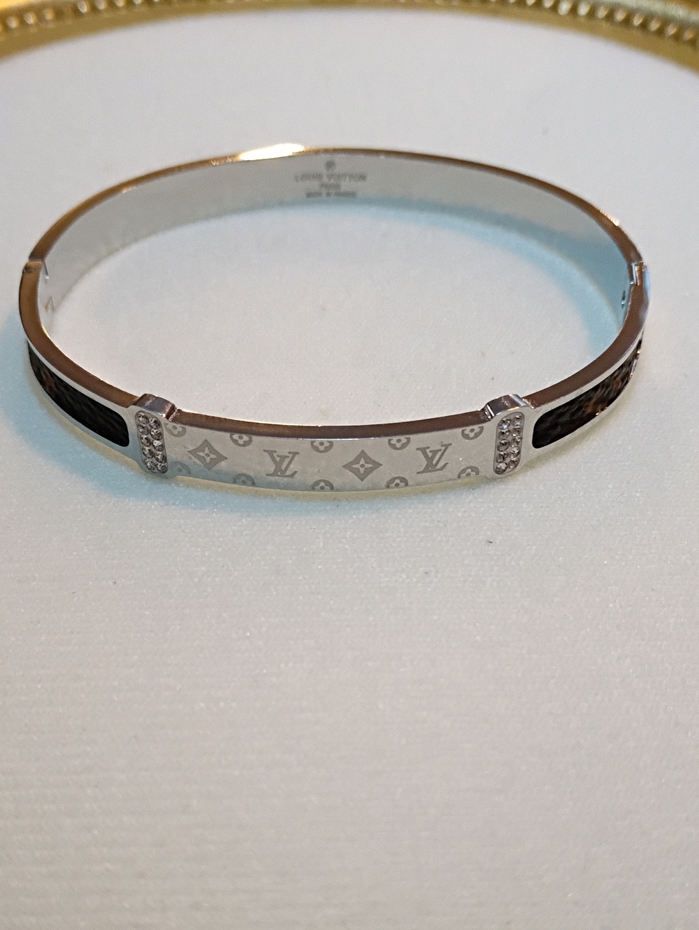 New Silver-Tone Monogram Bangle with Brown Accents